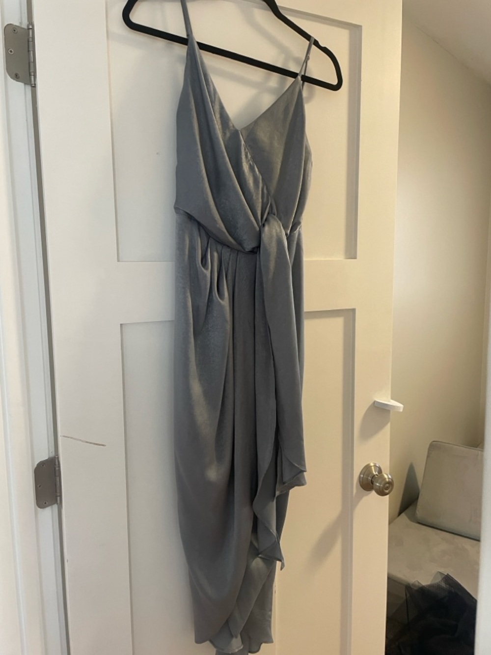 Baltic Born Elegant Dusty Blue Satin Wrap-Style Evening Dress